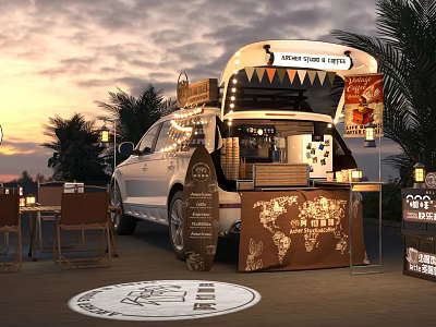 Jack's Mobile Café With White Vehicle Sunset Background Palm Trees Tables And World Map Decor 3d model
