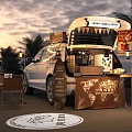 Jack's Mobile Café With White Vehicle Sunset Background Palm Trees Tables And World Map Decor