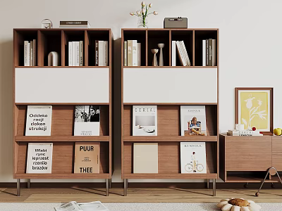 Modern Wooden Bookcase With Open Shelves Books Magazines And Decorative Items 3d model