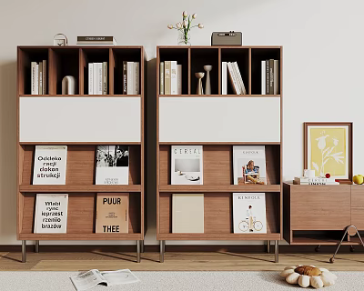 Modern Wooden Bookcase With Open Shelves Books Magazines And Decorative Items 3d model
