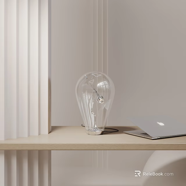 Modern Transparent Bulb Shaped Table Lamp On Wooden Desk With Laptop And Light Background 3d model 