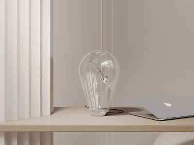 Modern Transparent Bulb Shaped Table Lamp On Wooden Desk With Laptop And Light Background 3d model