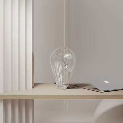 Modern Transparent Bulb Shaped Table Lamp On Wooden Desk With Laptop And Light Background 3d model