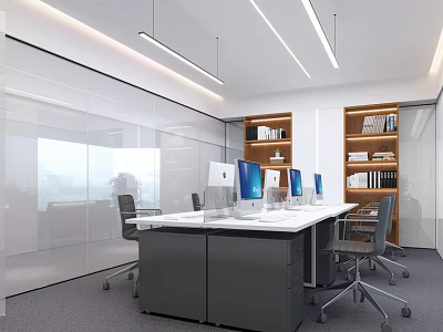 Modern Public Office Space Interior With Workstations Computers Bookshelves And Glass Partitions 3d model