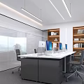 Modern Public Office Space Interior With Workstations Computers Bookshelves And Glass Partitions