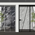 Indoor Sliding Doors With White Black Frames Grid And Geometric Pattern Glass And Plants 3d model