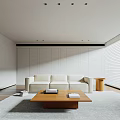 Minimalist Living And Dining Room With Light Sofa Wooden Coffee Table And Gray Rug