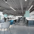Open Public Office Space With Modern Desks Office Chairs Pendant Lights Large Windows And Glass Partitions