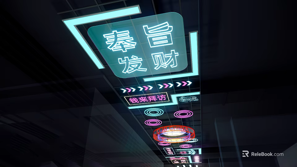 Neon Signage Featuring Chinese Characters Fortune And Yue Lai Yue Dian In Indoor Ceiling Design 3d model 