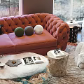 Red Tufted Sofa and Coffee Table Set With Plush Bear Round Rug and Mountain View 3d model