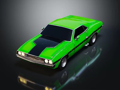 Classic Green Muscle Car With Black Stripes And Shiny Alloy Wheels 3d model