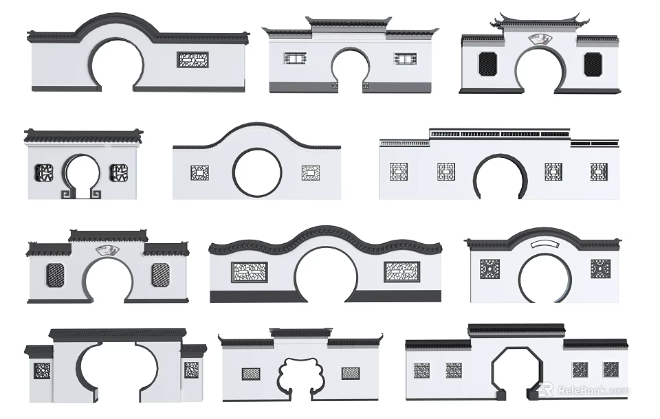 Traditional Chinese Door Arches In Various Classical Architectural Design Styles 3d model 