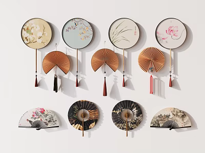 Traditional Chinese Round and Folding Fans as Elegant Wall Decor with Floral Patterns and Tassels 3d model