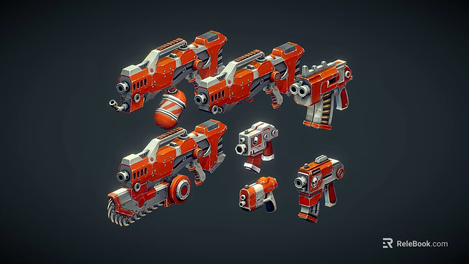3D Modeled Orange and Gray Mechanical Weapons With Various Styles Including Rifles and Pistols 3d model 