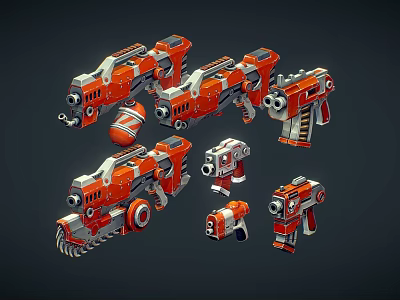 3D Modeled Orange and Gray Mechanical Weapons With Various Styles Including Rifles and Pistols 3d model