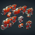 3D Modeled Orange and Gray Mechanical Weapons With Various Styles Including Rifles and Pistols