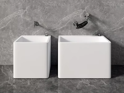 Two White Square Bathroom Sinks Against Gray Marble Wall And Floor With Faucets 3d model
