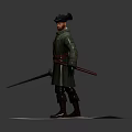 Male Human Character In Green Coat Black Hat Red Tie With Sword On Platform