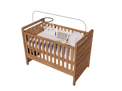 Sturdy Wooden Baby Crib With Hanging Toy Mobile And Soft Mattress 3d model
