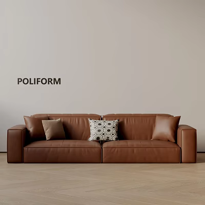 Brown Leather Three Seater Sofa With POLIFORM Wall And Patterned Decorative Cushions 3d model