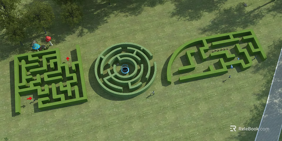 Outdoor Maze Play Equipment With Various Shapes On Green Lawn Grass And People Playing 3d model 