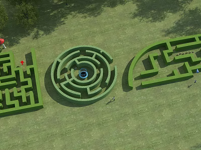 Outdoor Maze Play Equipment With Various Shapes On Green Lawn Grass And People Playing 3d model