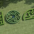Outdoor Maze Play Equipment With Various Shapes On Green Lawn Grass And People Playing