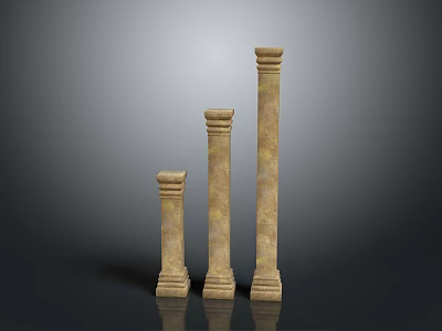 Scenic Landscape With Three Classical Stone Pillars Of Varying Heights And Reflections 3d model
