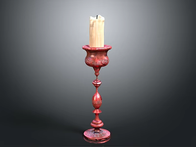 Ornate Red Candlestick Holder With White Candle And Detailed Carvings 3d model