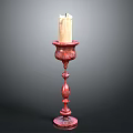 Ornate Red Candlestick Holder With White Candle And Detailed Carvings
