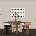 French Restaurant Dining Table and Chair Combination Dining Chair Floor Lamp Carpet Plant Wall Panel Decorative Painting 3d model