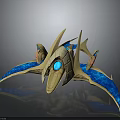 Futuristic Cosmic Spaceship with Golden Body and Blue Wing Structure in Aerospace Design