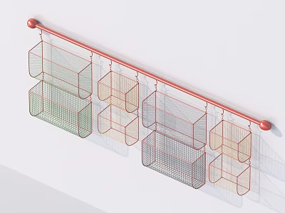 Multicolored Metal Wire Storage Baskets On Wall Mounted Hanging Rack For Organizing 3d model