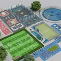 Outdoor Football Field In Sports Complex With Basketball Courts Multi Sports Facilities And Trees