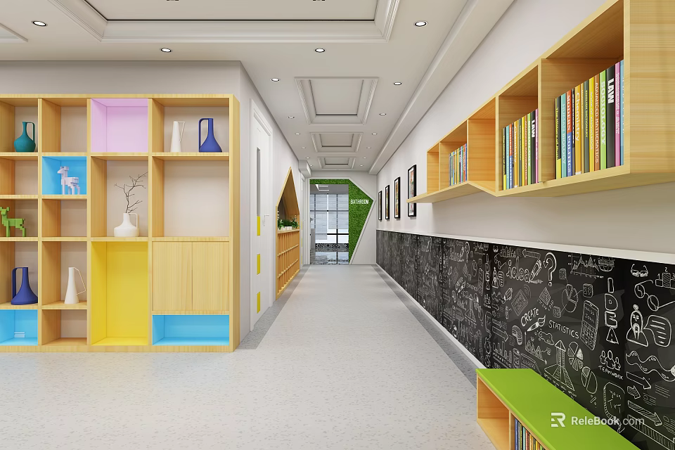 Kindergarten Corridor With Wooden Bookshelves Colorful Storage Boxes Blackboard Wall Children's Doodles And Green Seats 3d model 