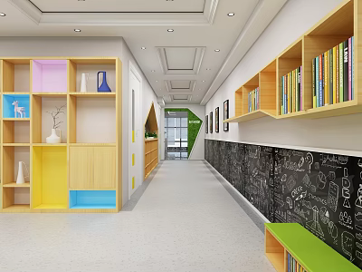 Kindergarten Corridor With Wooden Bookshelves Colorful Storage Boxes Blackboard Wall Children's Doodles And Green Seats 3d model