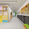 Kindergarten Corridor With Wooden Bookshelves Colorful Storage Boxes Blackboard Wall Children's Doodles And Green Seats