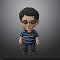 3D Cartoon Boy Character With Glasses Blue Striped Shirt And Brown Sling Bag