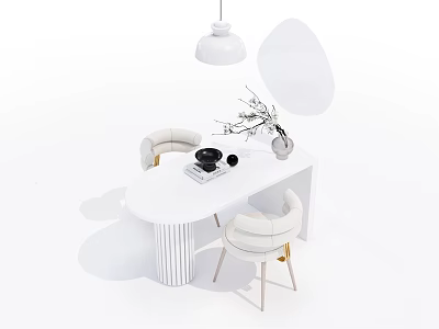 White Modern Dining Table Set With Upholstered Chairs Pendant Light And Branches Vase 3d model