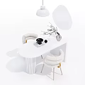 White Modern Dining Table Set With Upholstered Chairs Pendant Light And Branches Vase