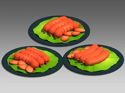 Three Plates of Fresh Pork Sausages on Green Leaves with Black Plates 3d model