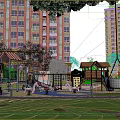 Scenic Park Landscape with Playground Equipment Green Trees and Lush Grass Near Residential Buildings