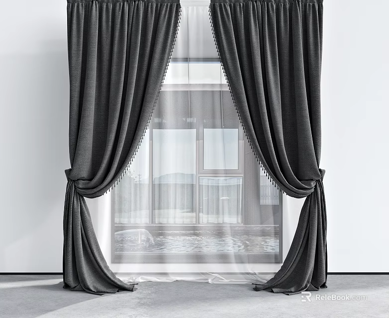 Gray Curtains With Sheer Inner Layer And Decorative Edges For Modern Window Interior 3d model