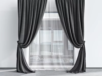 Gray Curtains With Sheer Inner Layer And Decorative Edges For Modern Window Interior 3d model