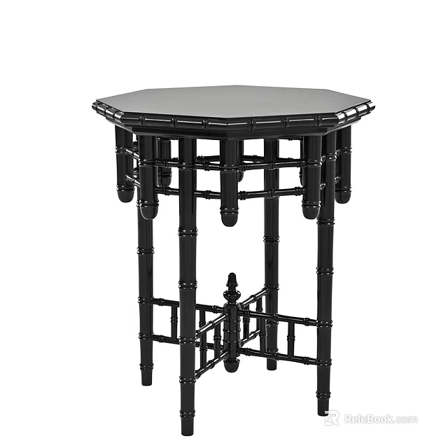 Black Octagonal Dining Table With Bamboo Inspired Legs and Intricate Carved Design Elements 3d model