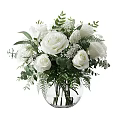 Transparent Glass Vase With White Roses Green Leaves And Small White Flowers