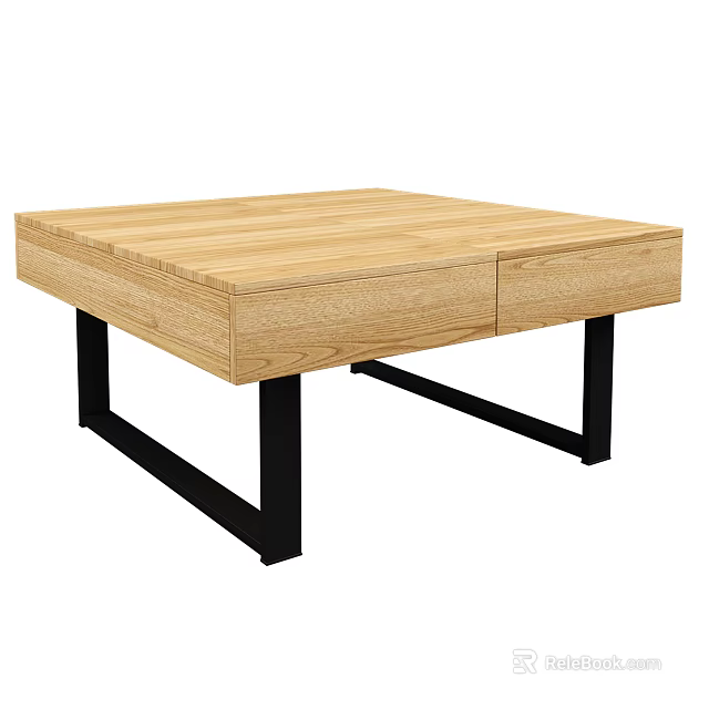 Wooden Coffee Table With Oak Surface Two Drawers And Black Metal Legs 3d model 