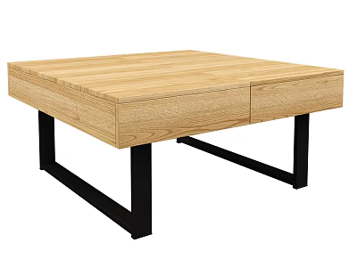 Wooden Coffee Table With Oak Surface Two Drawers And Black Metal Legs 3d model