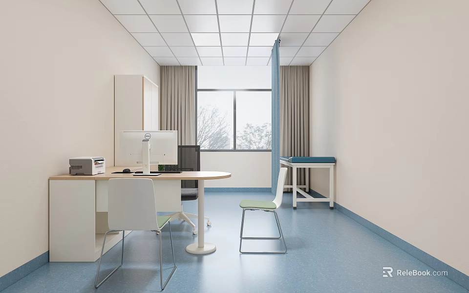 Hospital Clinic Interior With Desks Computers Chairs And Examination Bed 3d model 