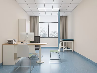 Hospital Clinic Interior With Desks Computers Chairs And Examination Bed 3d model